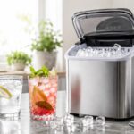 Moderne Eiswürfelmaschine mit frischen Eiswürfeln und gekühlten Getränken