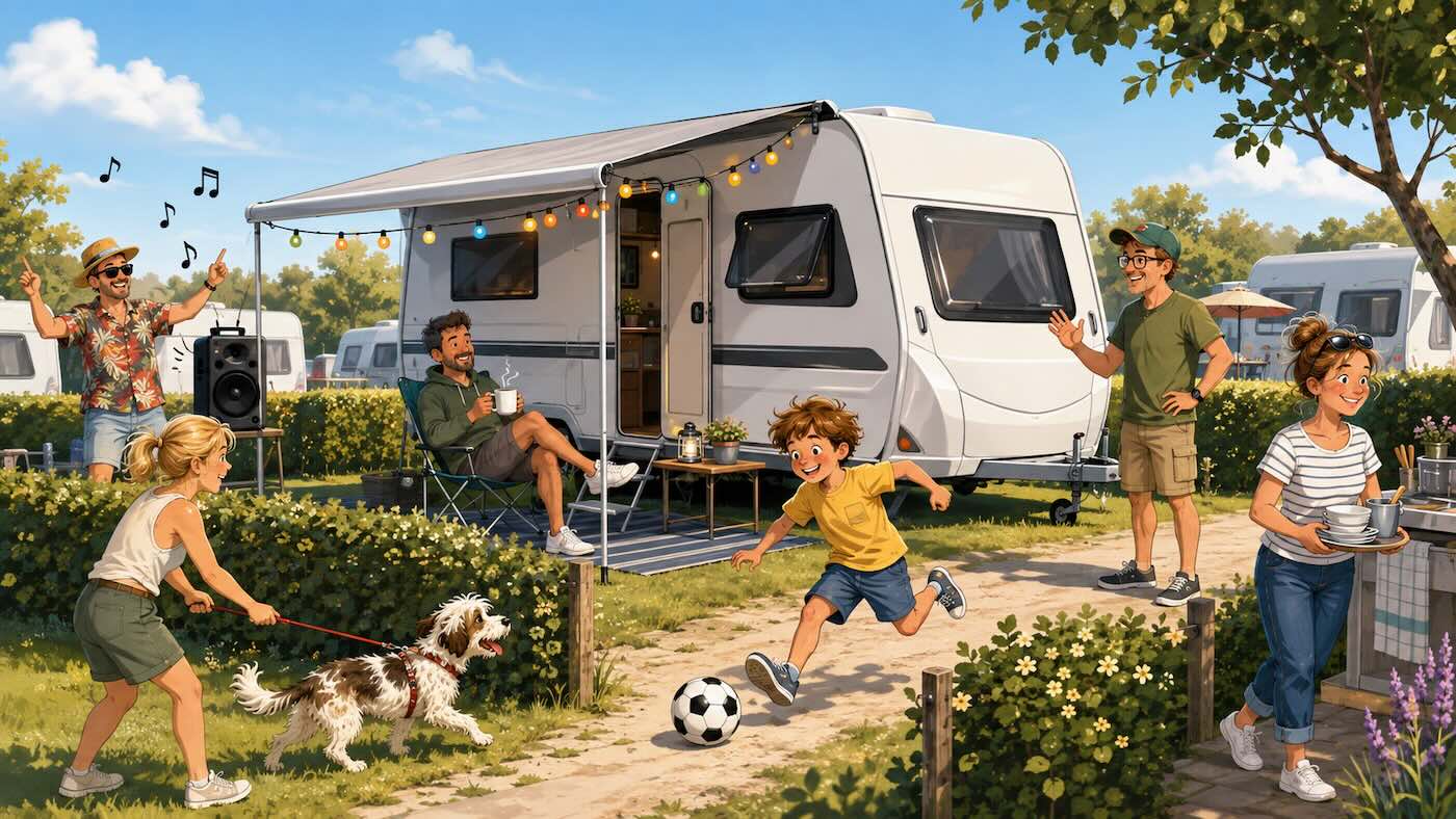 Campingplatz Knigge Karikatur mit Wohnwagen, Kind mit Ball, Hund, Musik und Campern auf dem Campingplatz